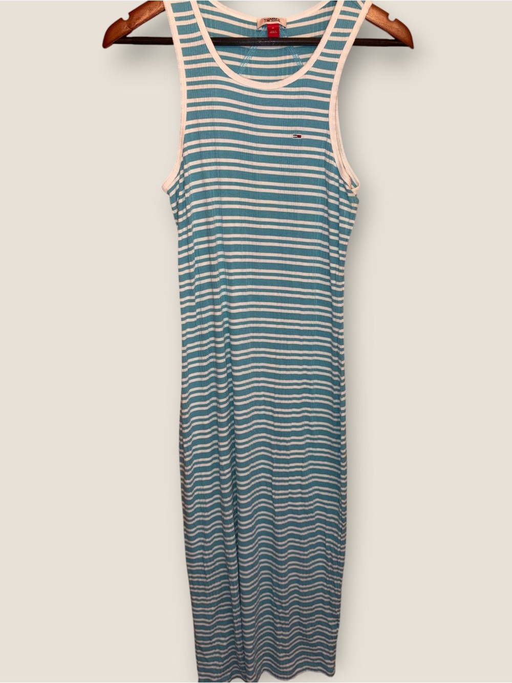 Y2K Tommy Hilfiger Teal & White Striped Tank Maxi Dress